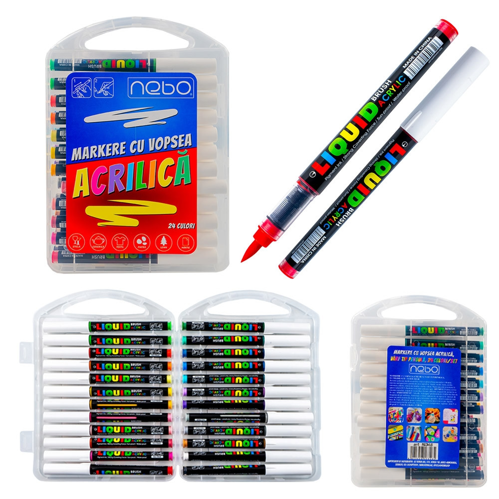 Set 24 markere acrilice, varf ascutit tip pensula, cutie depozitare, multiple suprafete - imagine 6